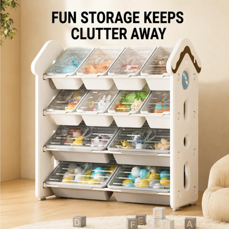 Minimalist kids dessert house theme toy organizer compliant with CPC Certificate requirements from wholesale children furniture manufacturer.