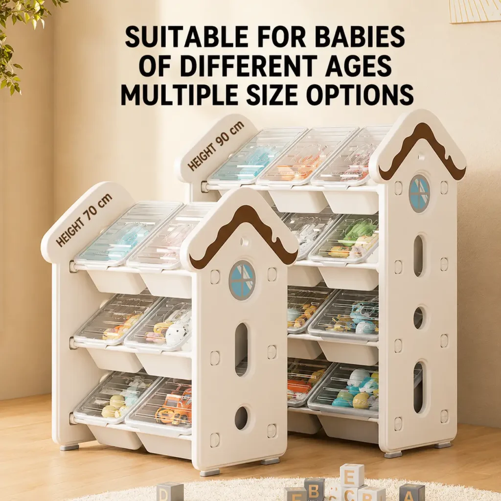 Flexible modular children storage cabinet showing different adjustable height specifications and sizes for preschool playroom spaces.