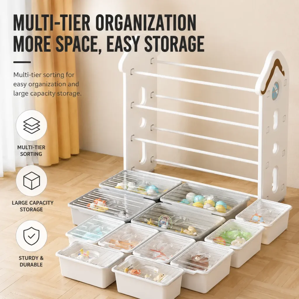 Custom eco-friendly kids storage racks with ASTM+CCPIA Testing Report highlighting an open multi-tier layout with large capacity bins.