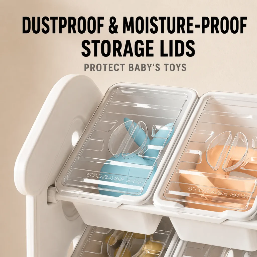 Smartly divided toddler toy storage cabinets featuring transparent dustproof lids and moisture-proof plastic bins for clean organization.