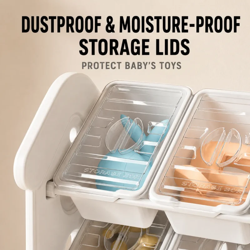 Smartly divided toddler toy storage cabinets featuring transparent dustproof lids and moisture-proof plastic bins for clean organization.