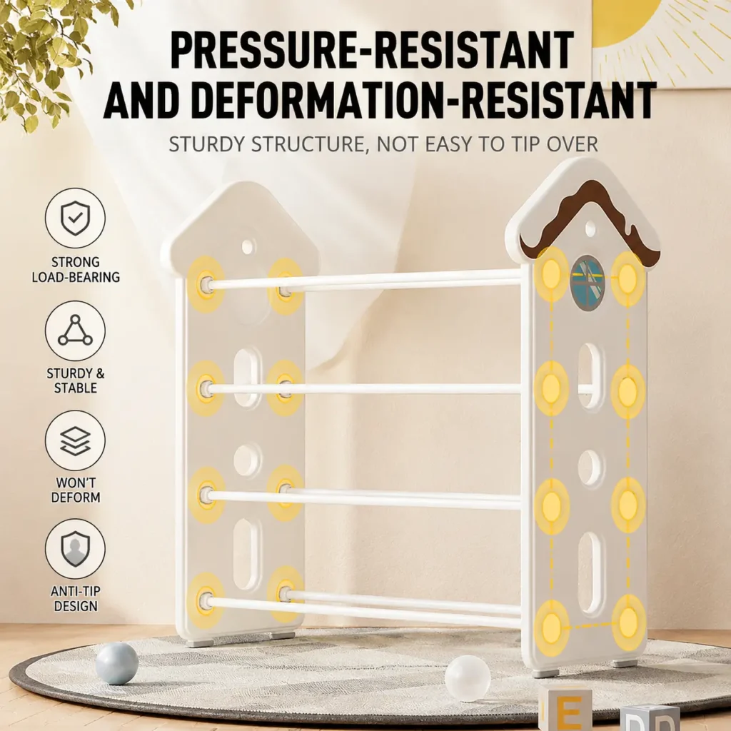 Heavy duty preschool storage shelves showcasing a secure anti-tip design and sturdy structure for maximum heavy load capacity.
