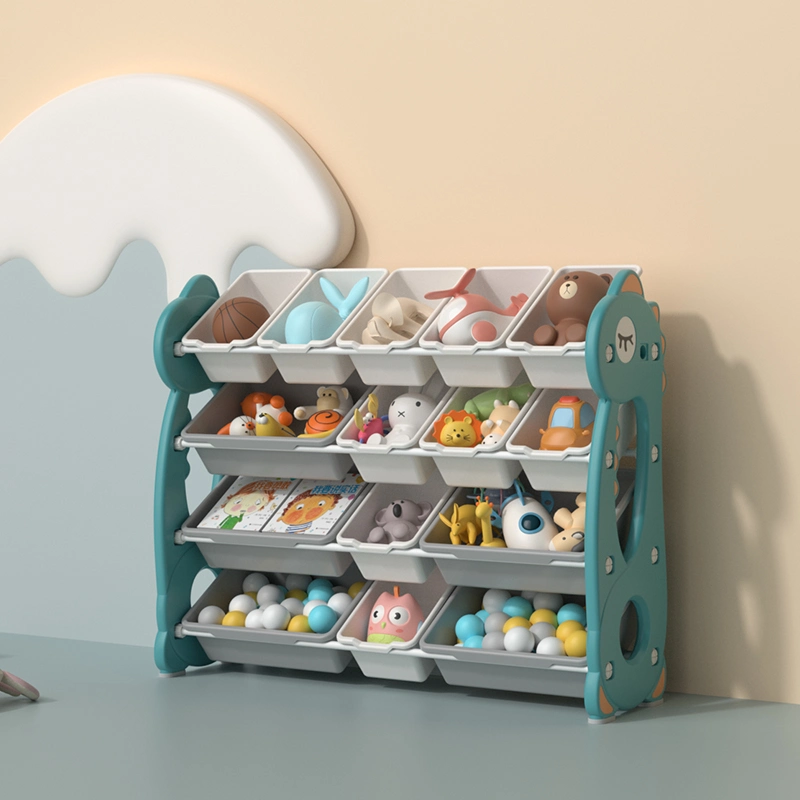 High capacity preschool storage shelves featuring a modular layout with stable dinosaur theme side panels and plastic open bins.