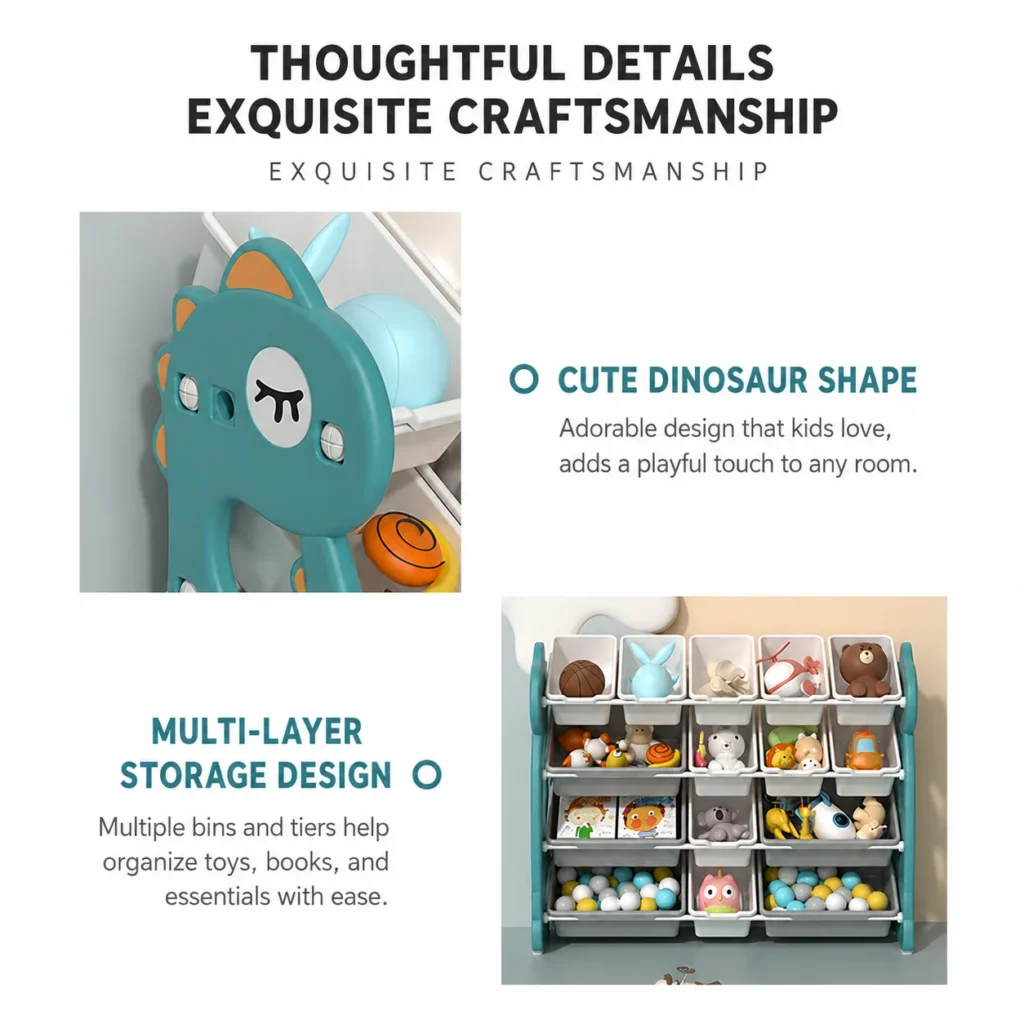 Custom eco-friendly kids storage racks with ASTM+CCPIA Testing Report highlighting an open multi-layer layout with large capacity bins.