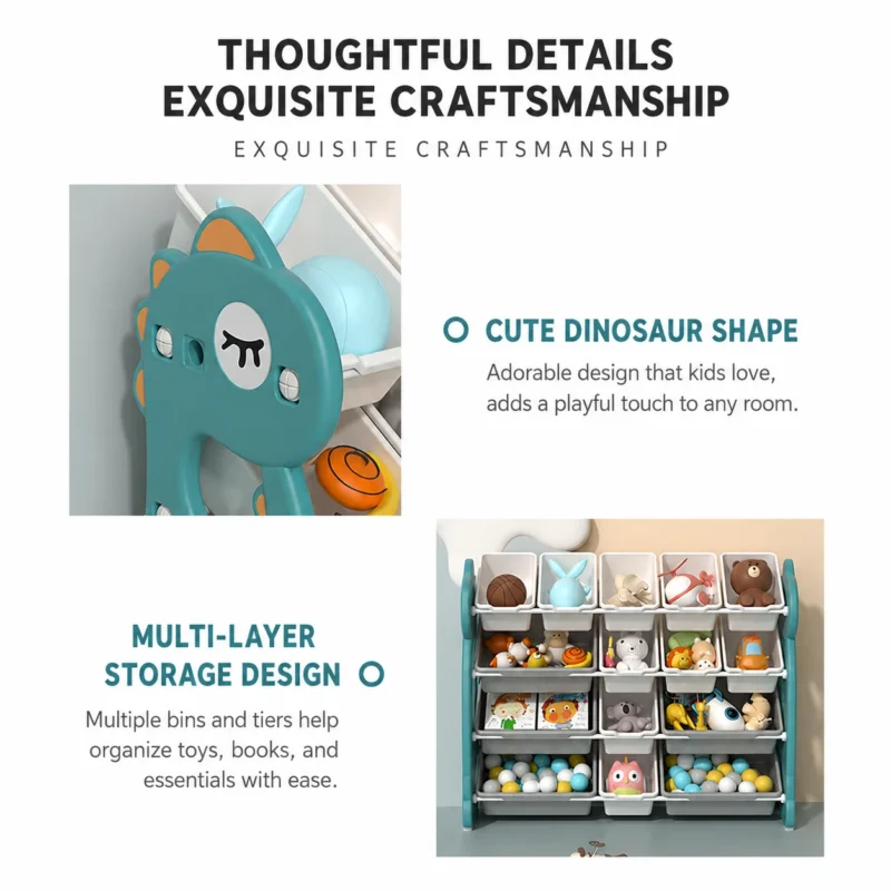 Custom eco-friendly kids storage racks with ASTM+CCPIA Testing Report highlighting an open multi-layer layout with large capacity bins.