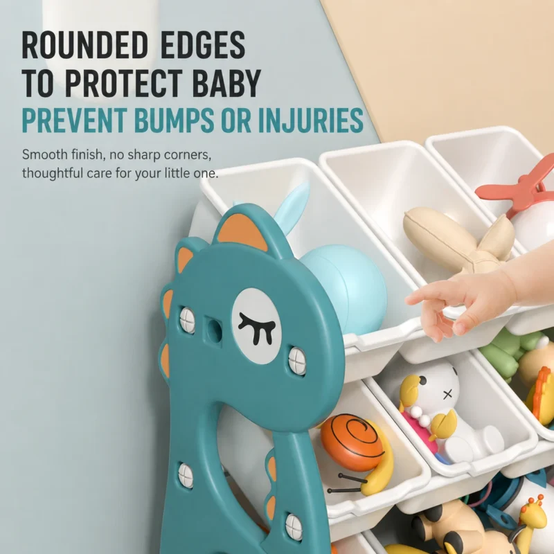 Smartly divided toddler toy storage cabinets featuring smooth rounded edges and non-slip plastic panels to prevent accidental bumps.