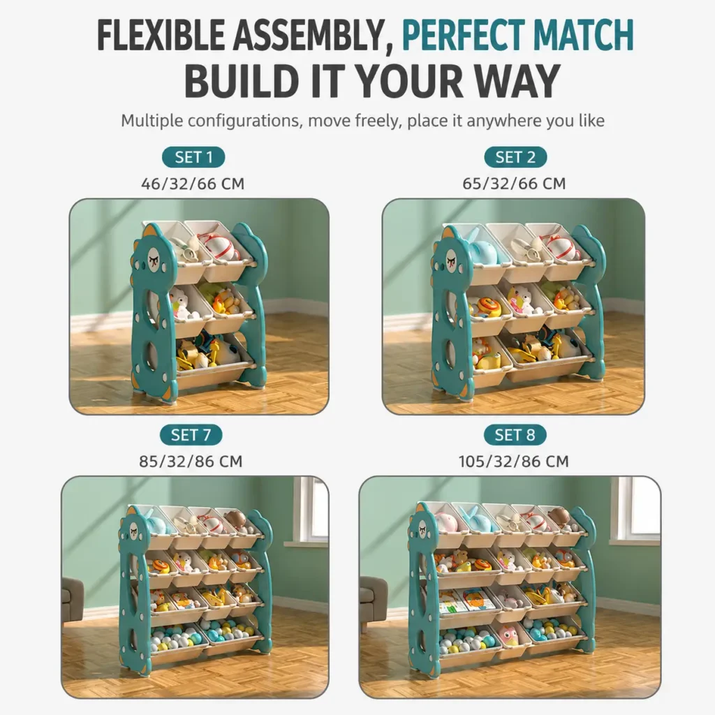 Flexible modular children storage cabinet showing different adjustable width specifications and multiple combinations for preschool classrooms.