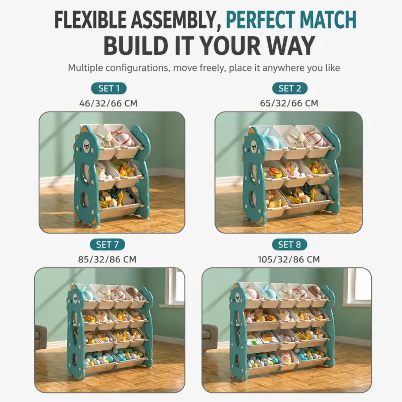 Flexible modular children storage cabinet showing different adjustable width specifications and multiple combinations for preschool classrooms.