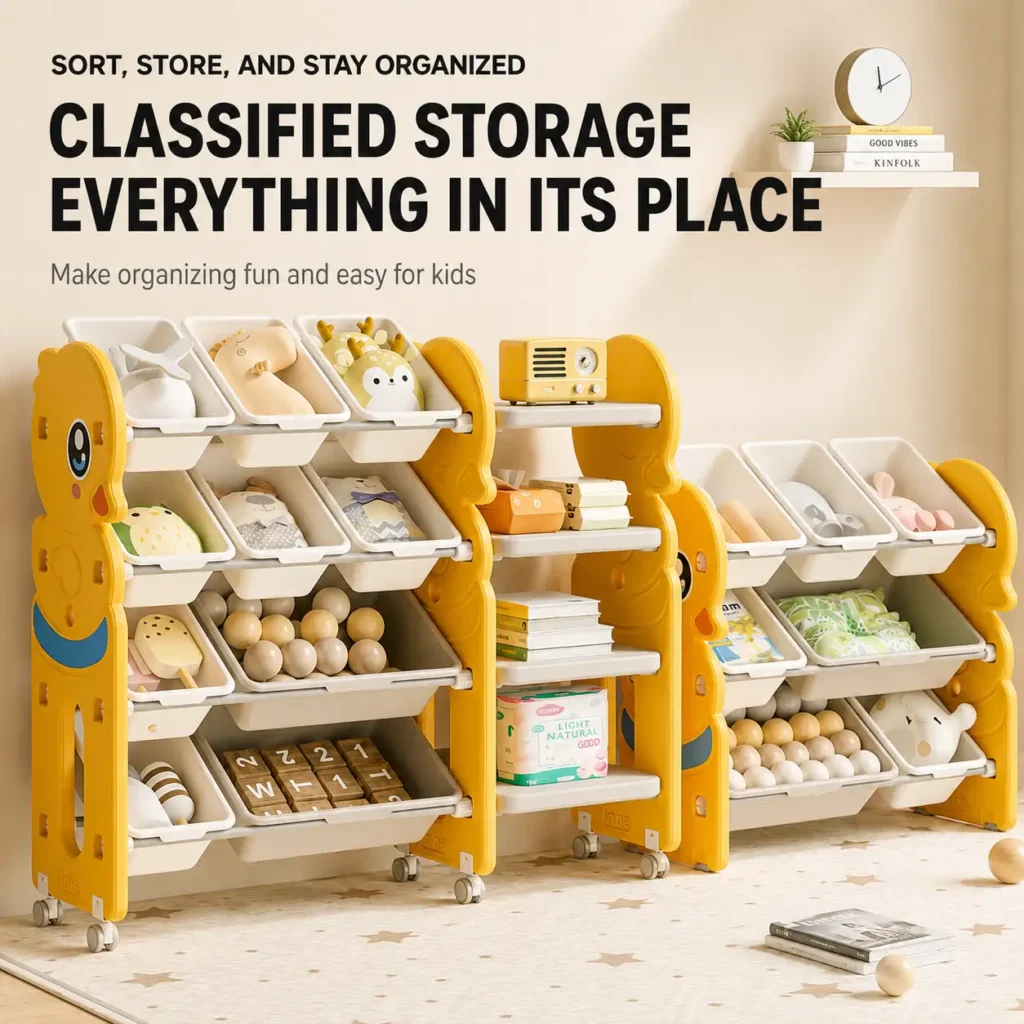 Minimalist kids duck series toy organizer compliant with CPC Certificate requirements for daycare centers and preschool classrooms.