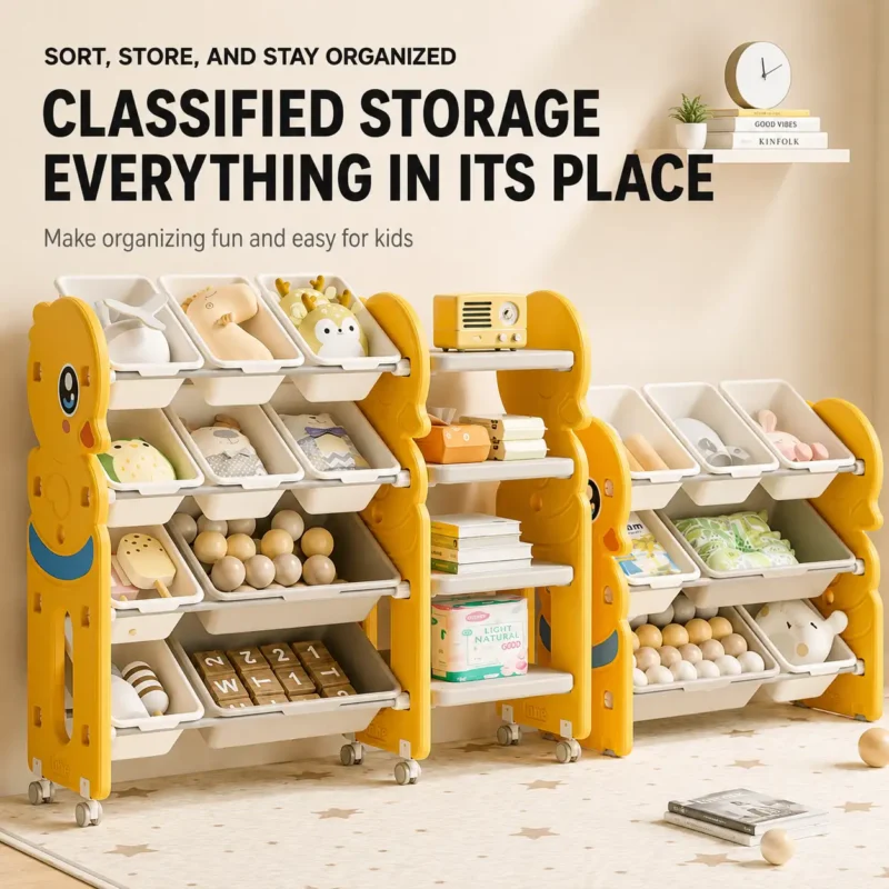 Minimalist kids duck series toy organizer compliant with CPC Certificate requirements for daycare centers and preschool classrooms.