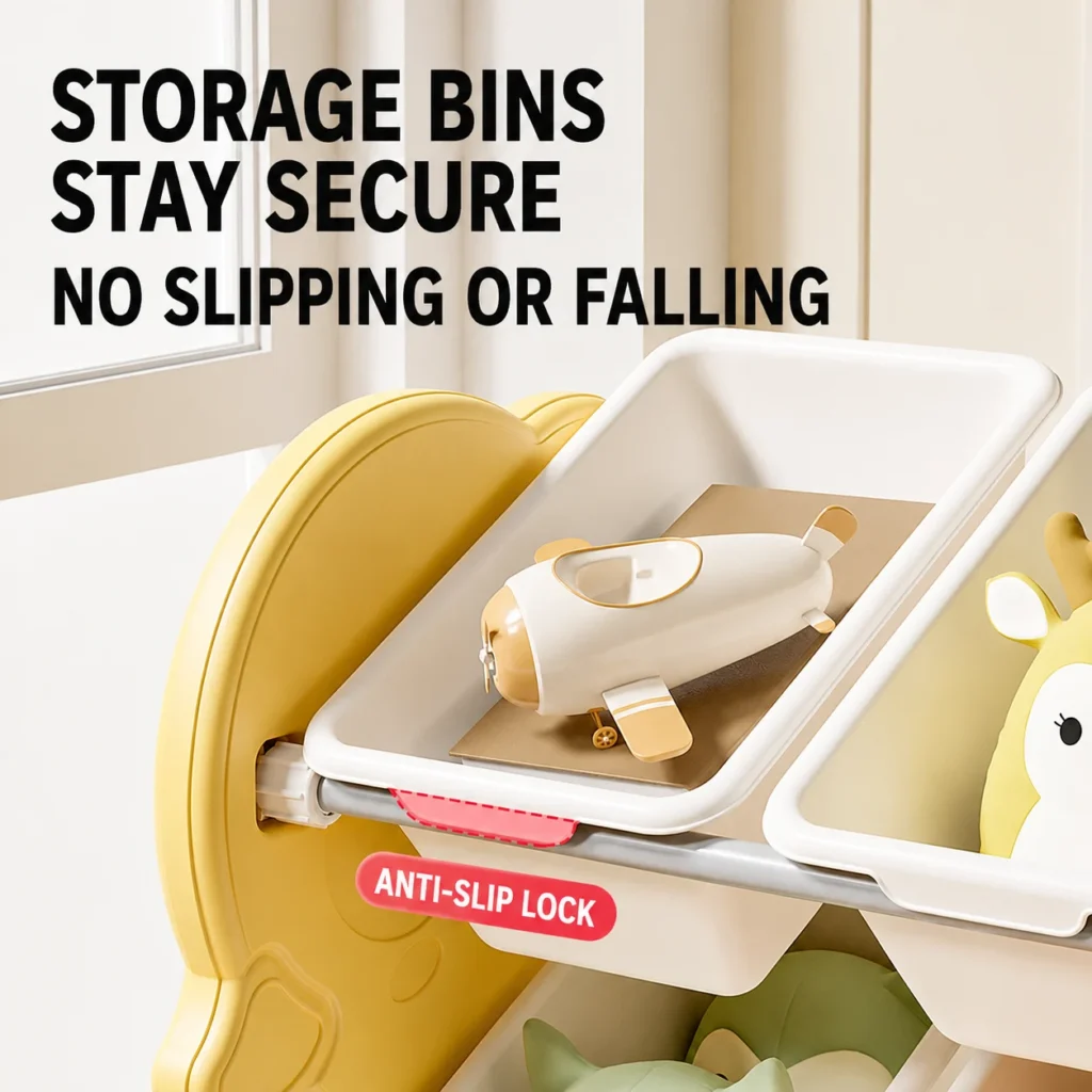 Nursery toy storage bins featuring an anti-slip lock mechanism on the support rail for toddlers safe and easy access.