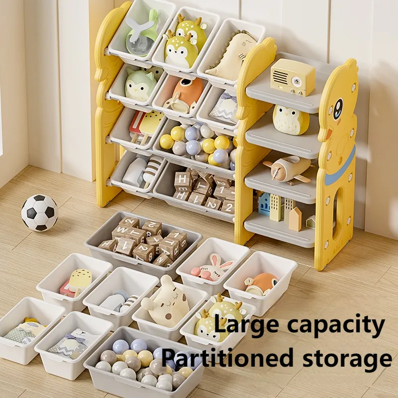 Smartly divided toddler toy storage cabinets showcasing an integrated modular layout with extensive plastic bins and side shelves.
