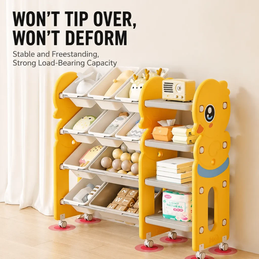 Heavy duty preschool storage shelves from China supplier featuring a freestanding anti-tip design with secure lockable wheels.