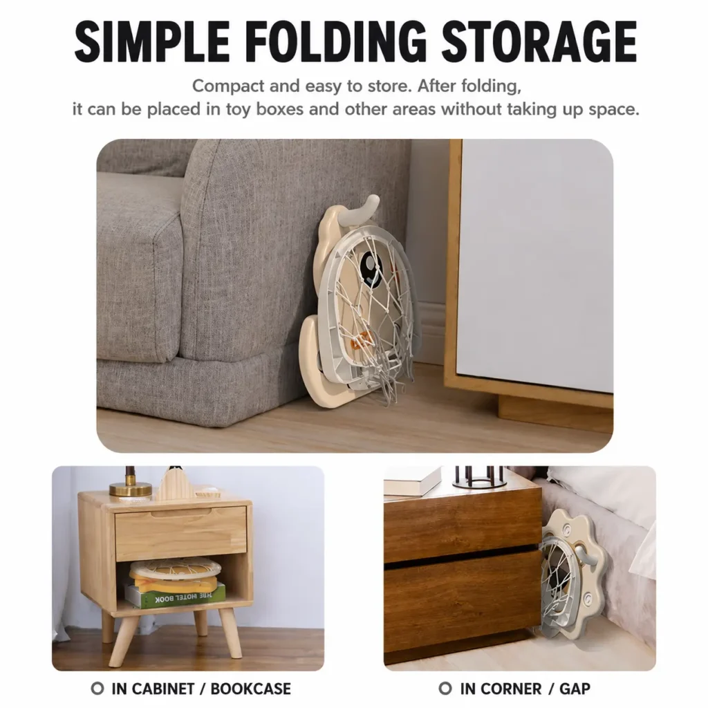 Space-saving kids basketball hoop with simple folding storage design tucked into narrow gaps between sofas and cabinets.
