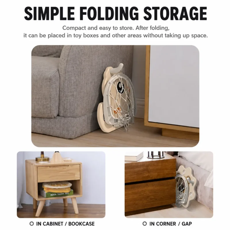 Space-saving kids basketball hoop with simple folding storage design tucked into narrow gaps between sofas and cabinets.