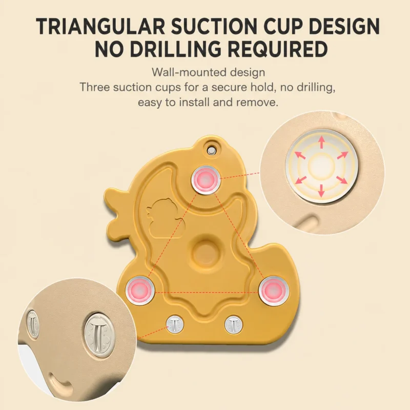 Triangular suction cup design with no drilling required for secure hold on wall-mounted toddler basketball stand from OEM manufacturer.