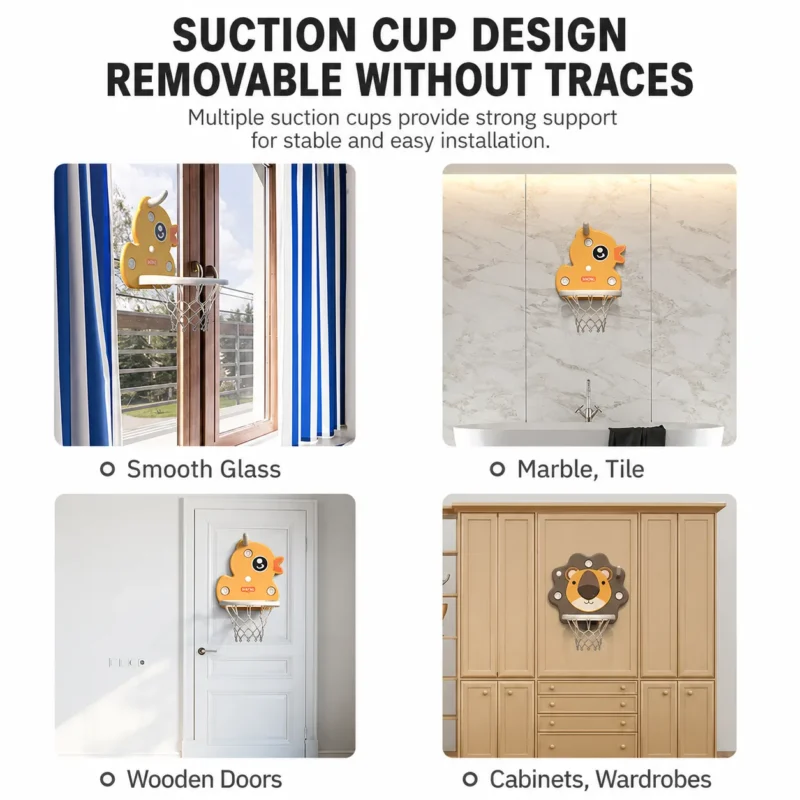 Multifunctional kids sports and basketball stands with a suction cup design that is easily removable without traces on wooden doors.