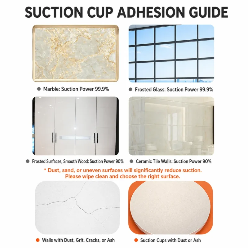 Suction cup adhesion guide for an indoor toddler basketball hoop showing high power on marble, glass, tile, and wood surfaces.
