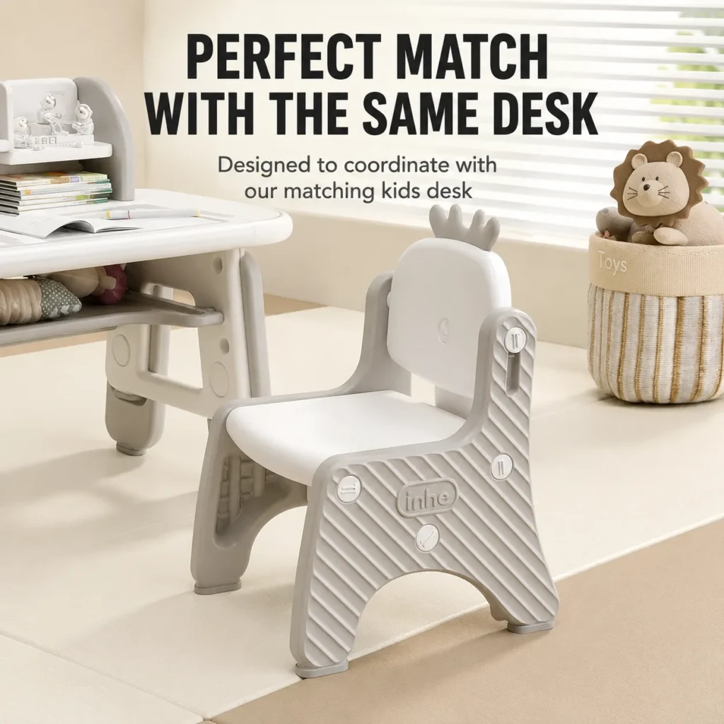 Minimalist kids furniture set showing an integrated modular children study table and matching ergonomic toddler chair.