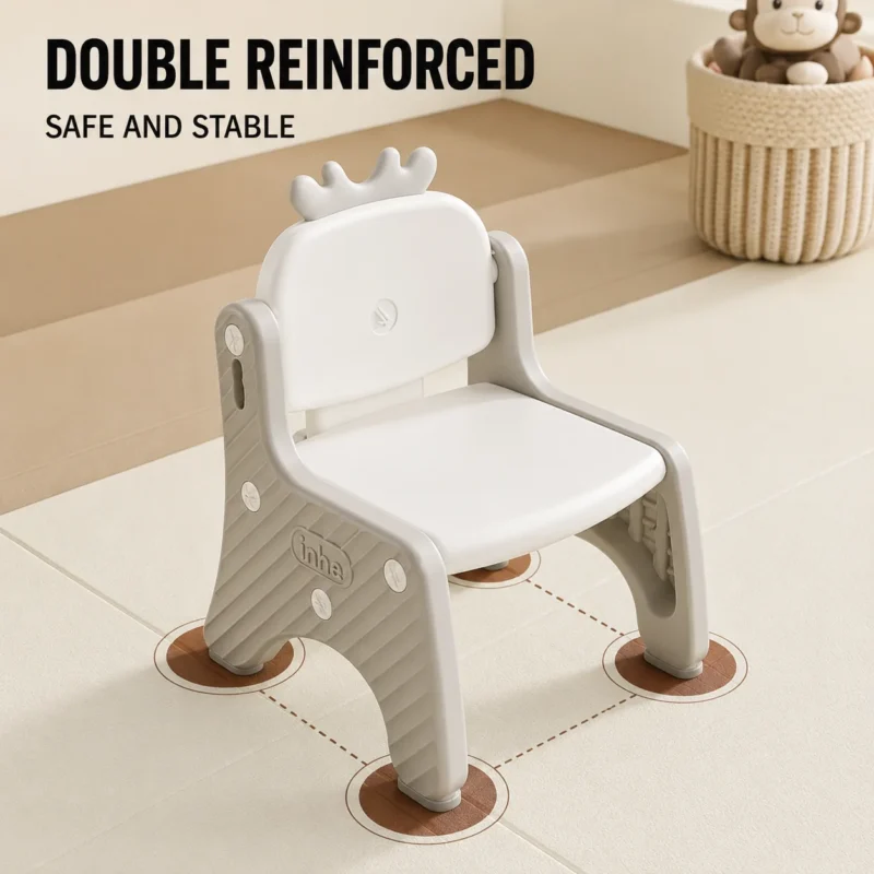 Heavy duty plastic children activity chair from China factory showcasing a double-reinforced stable legs framework with anti-slip feet.