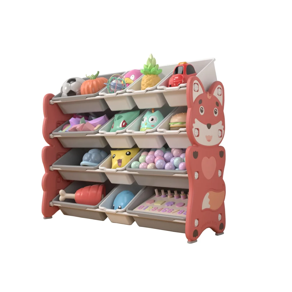 International toy organizer compliant with EN71 Test Report requirements featuring removable open bins for playroom organization.
