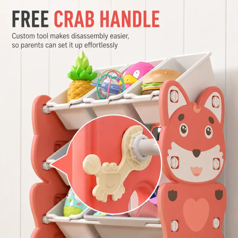 Flexible modular children storage cabinet from China factory featuring a tool-free quick assembly system with custom plastic wrench.