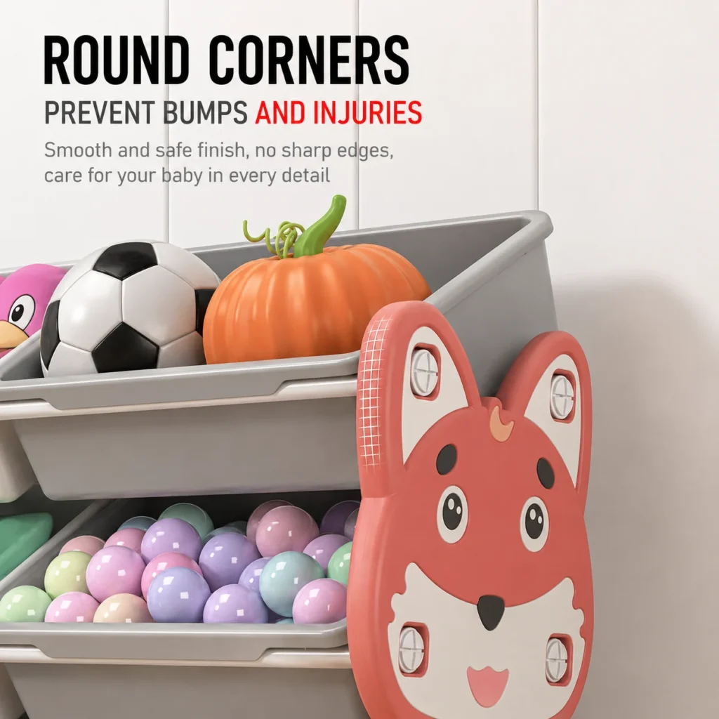 Smartly divided toddler toy storage cabinets featuring smooth rounded edges and non-slip plastic panels to prevent injury.