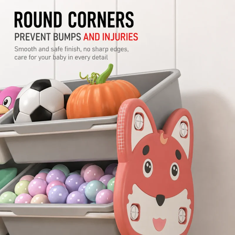 Smartly divided toddler toy storage cabinets featuring smooth rounded edges and non-slip plastic panels to prevent injury.