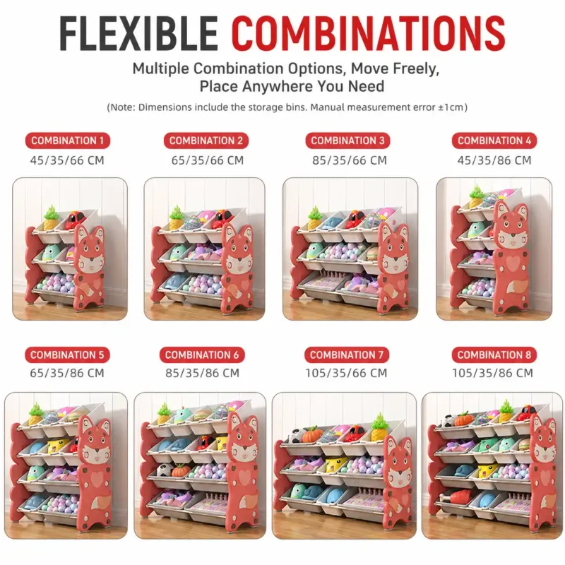 Custom eco-friendly kids storage racks with CE Certificate compliance showing multiple modular setups and combinations.