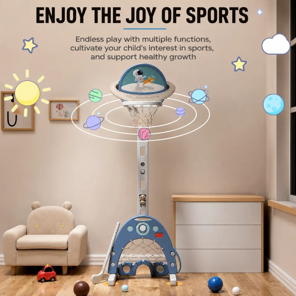 Multifunctional toddler sports set and indoor basketball stand in a cozy children playroom from OEM daycare equipment supplier.