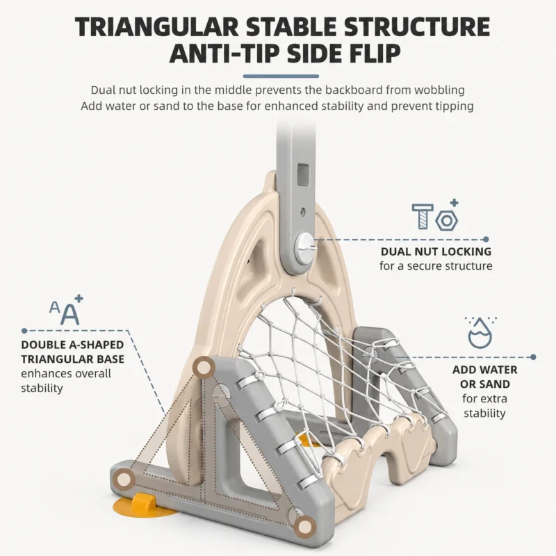Blow-molded kids basketball stand with double A-shaped triangular stable structure and water fillable base for anti-tip safety.