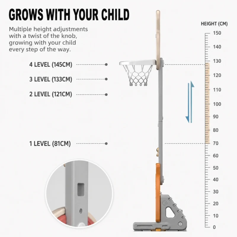 Adjustable height kids indoor basketball hoop showing 4 levels adjustment from 81cm to 145cm to grow with your child.
