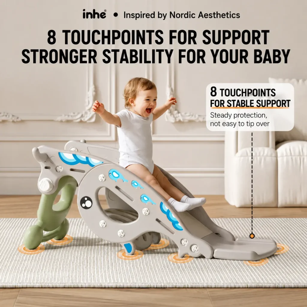 Flexible modular toddler indoor climber from China supplier highlighting an upgraded wide-base framework with multiple anti-slip feet.