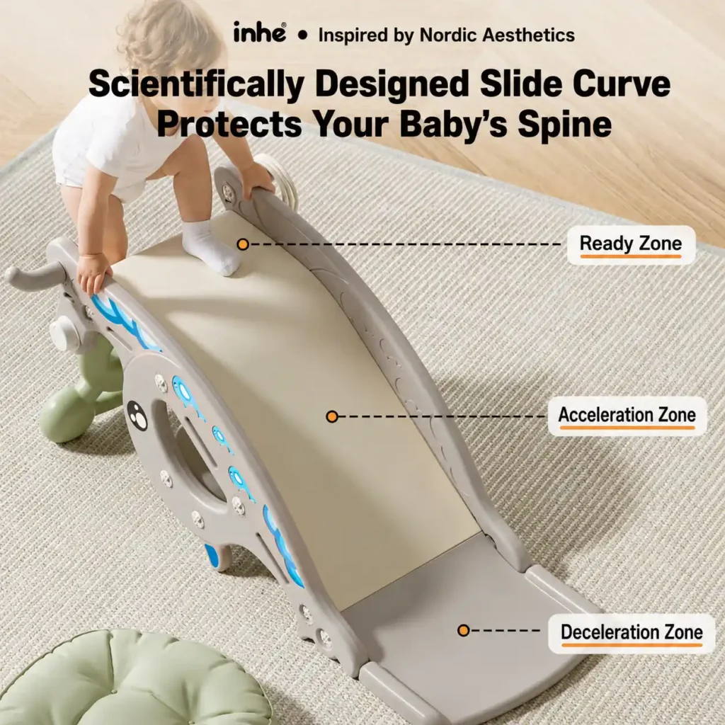 Heavy duty toddler indoor slide from China factory showcasing an upgraded elongated buffer zone and a balanced structural curve.