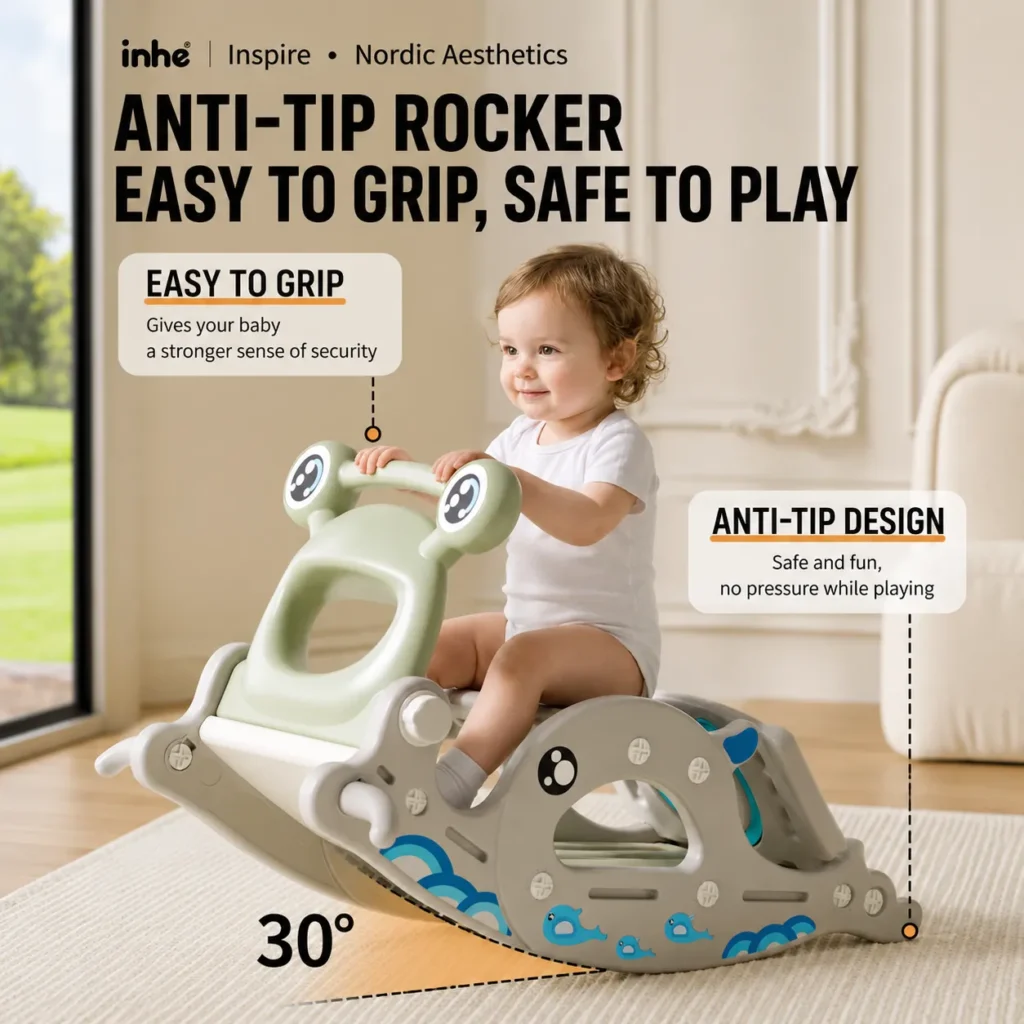 Ergonomic plastic rocking horse exhibiting a scientific 30-degree anti-topple structural design to prevent rollover during active play.