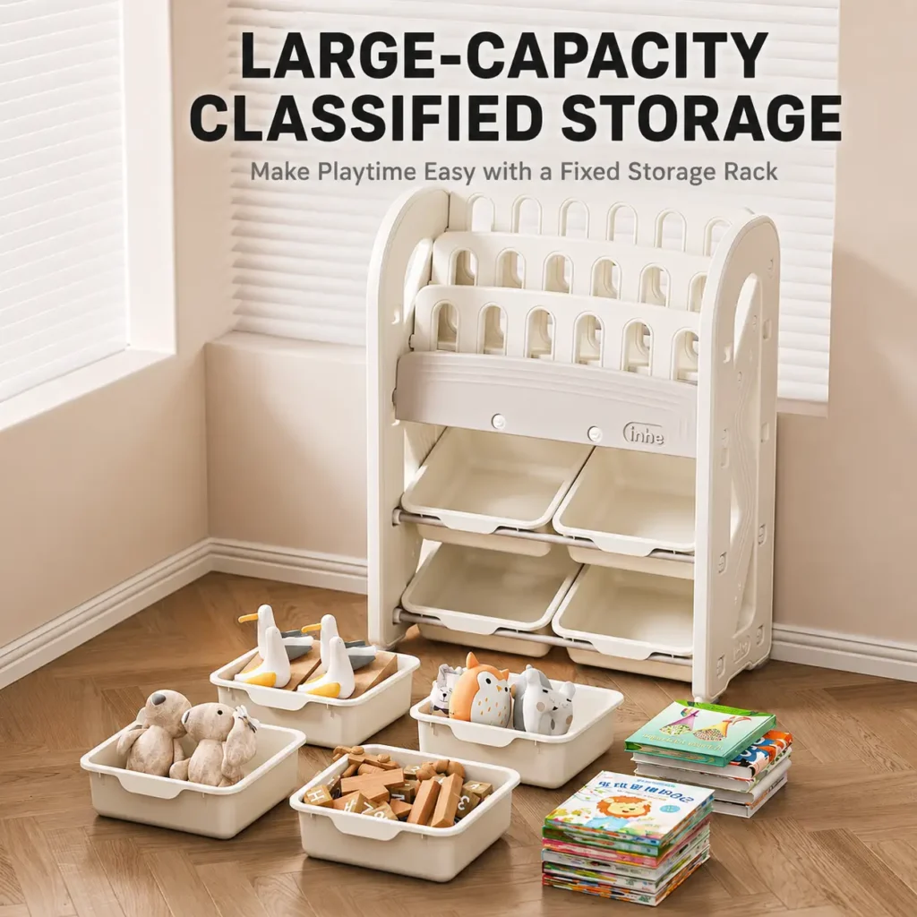 Smartly divided toddler toy storage cabinets showcasing an integrated forward-facing children bookcase and removable plastic bins.