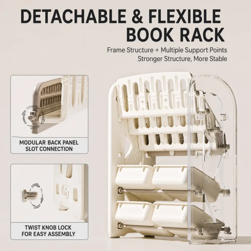 Flexible modular children storage cabinet showcasing a tool-free quick assembly system with secure slots and twist knob locks.