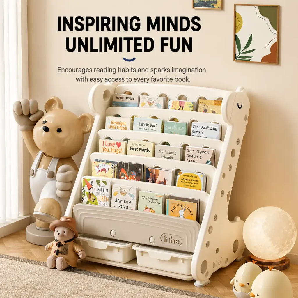 Minimalist kids giraffe theme bookshelf and forward-facing picture book organizer in a modern nursery playroom from wholesale manufacturer.