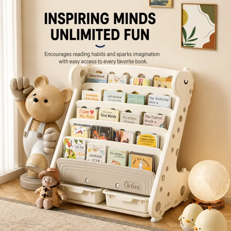 Minimalist kids giraffe theme bookshelf and forward-facing picture book organizer in a modern nursery playroom from wholesale manufacturer.