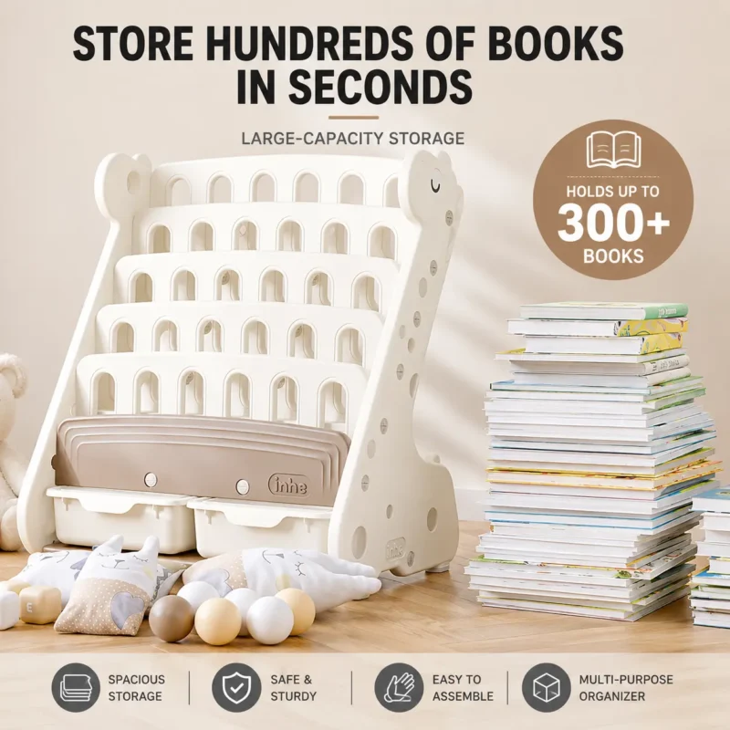 Custom eco-friendly kids storage racks OEM from China factory featuring a large-capacity multi-layer bookrack that holds over 300 books.