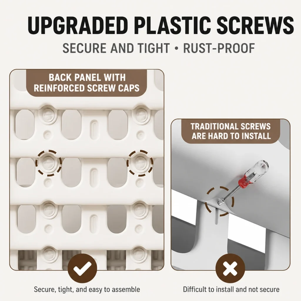 ASTM CE kids storage shelf factory wholesale China highlighting upgraded rust-proof plastic screws for secure and easy assembly.