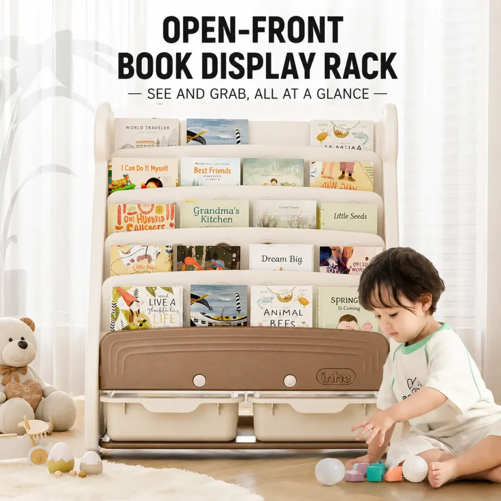 Forward-facing book organizer with open-front display rack allowing toddlers to see and grab their favorite books at a glance.