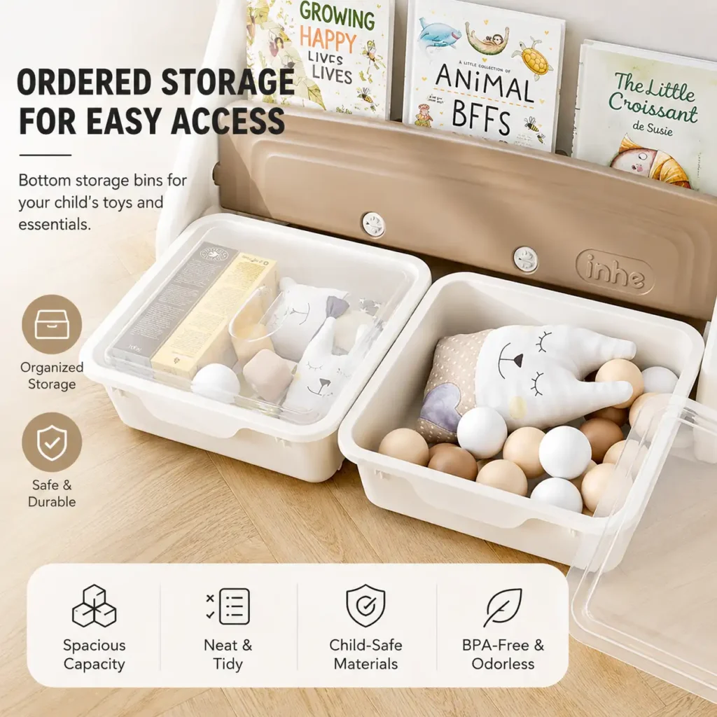 High-capacity plastic toy organizer and preschool bookcases showcasing transparent storage bins for toddlers toys and essentials.