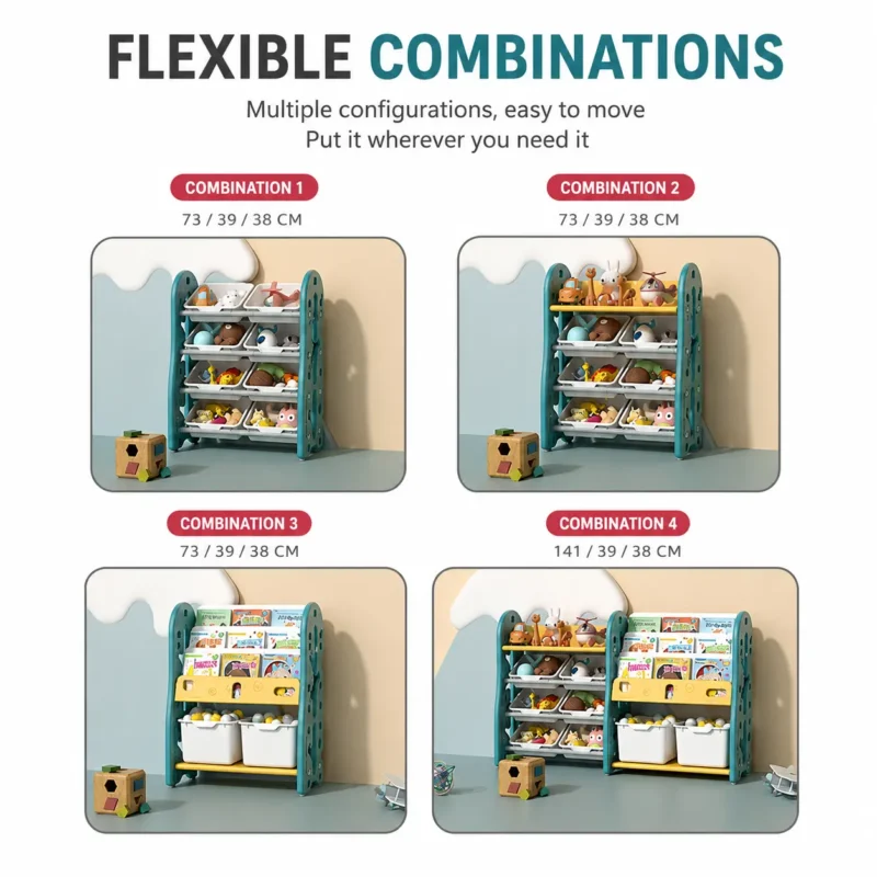 Custom eco-friendly kids storage racks B2B display showing before and after organizing comparison for a tidy forest-theme daycare room.