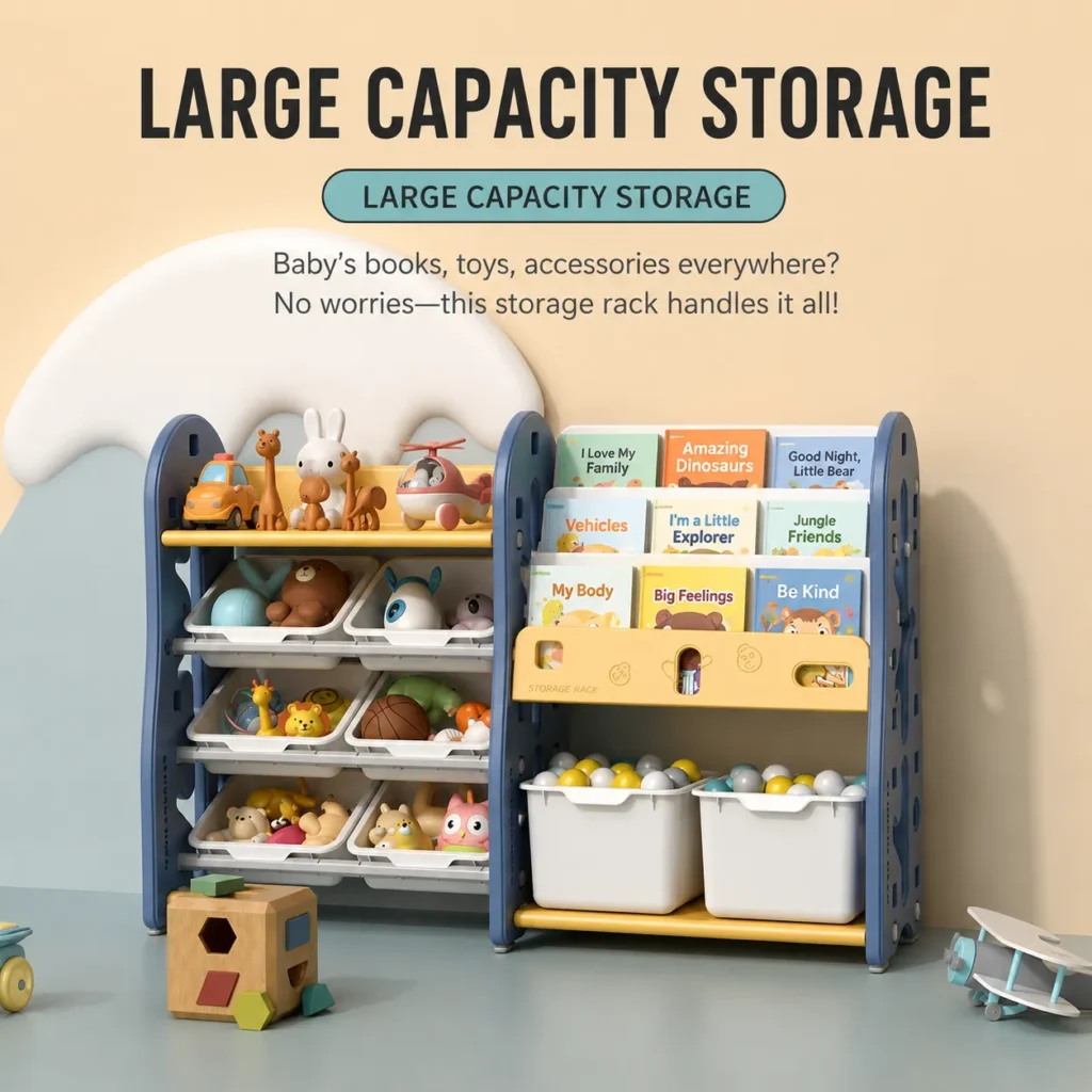 ASTM-compliant kids toy storage organizer wholesale from China factory highlighting a thickened tree-theme shelf board and 4cm spacious book rack slots.