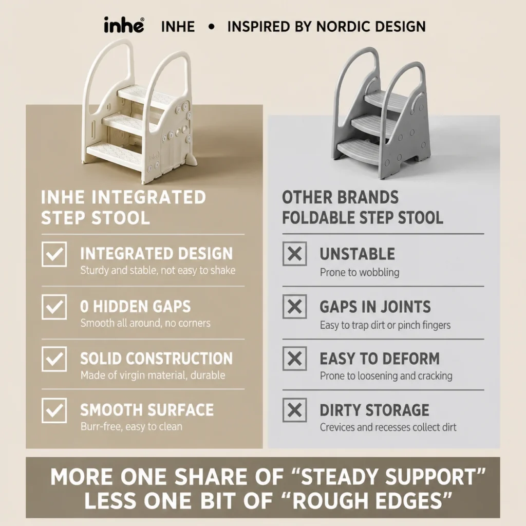 Heavy-duty integrated plastic children step stool with solid non-wobble construction, zero hidden gaps, burr-free surface, and high weight capacity.
