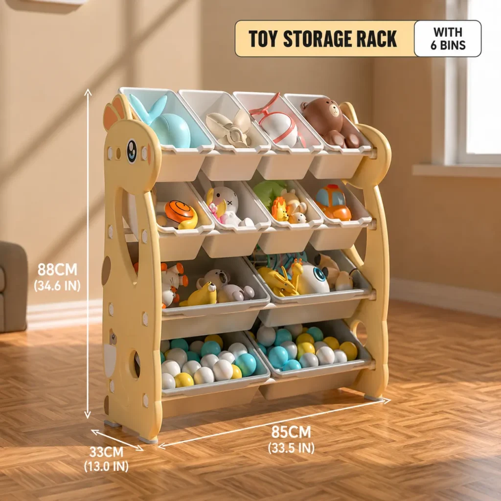 ISO9001 certified children kangaroo theme storage shelves showing detailed modular dimension measurements and flexible plastic bins.