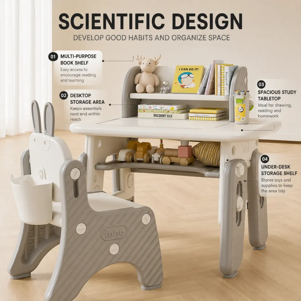 Smartly divided children storage table and chair system displaying integrated modular bookshelves and a large under-desk tray.