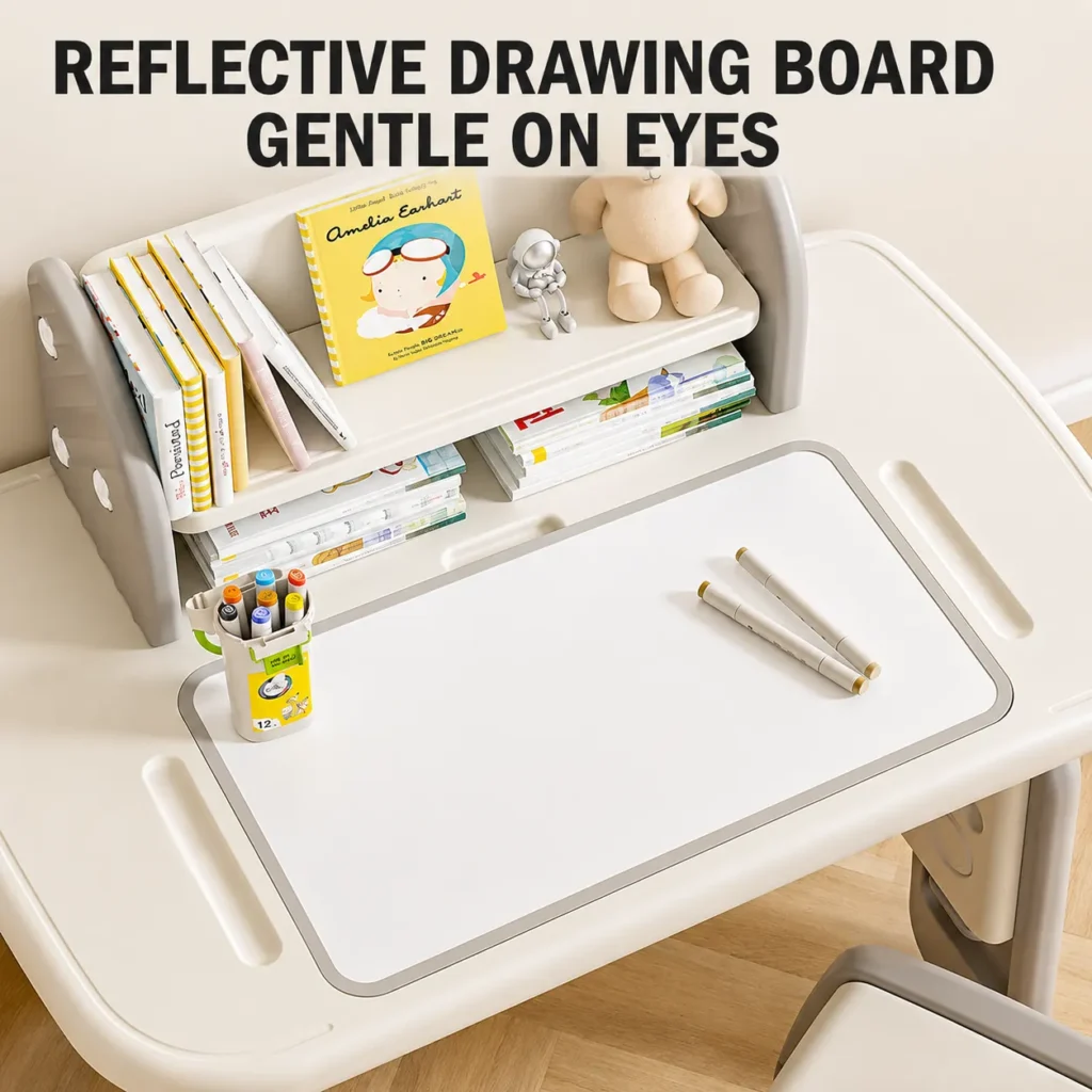 Height adjustable kids drawing desk from China supplier featuring a non-reflective smooth whiteboard surface for playroom art.