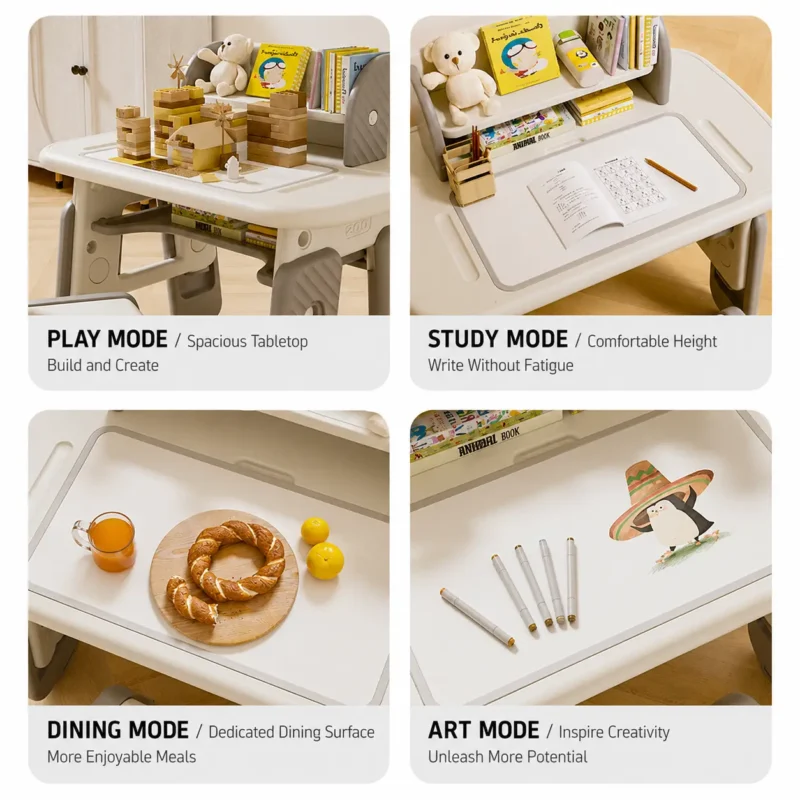Multi-functional toddler study desk and chair set showcasing a spacious tabletop layout for layered activity modes.